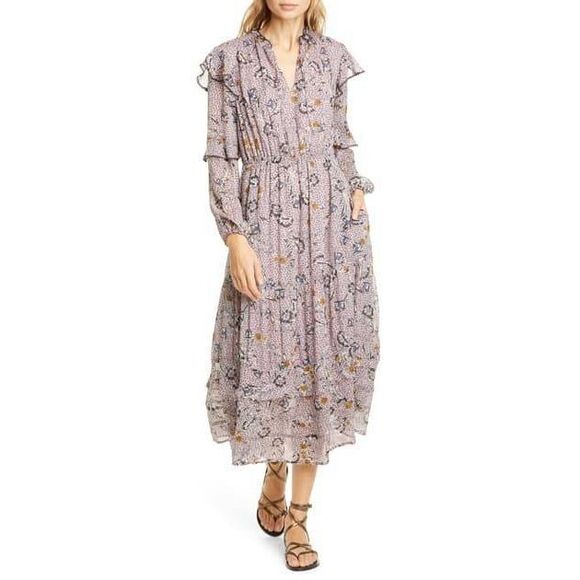 Dolan Anthropologie Aurelie Floral & Dot Print Long Sleeve Midi Dress In Thistle - Picture 1 of 5